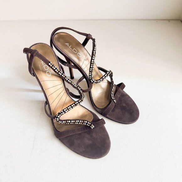 Vintage Aldo Brown Suede Rhinestone Heels 38 - Picture 2 of 10